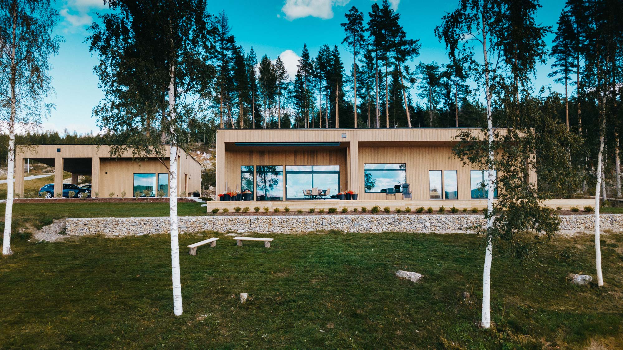 Hus i trä med platt tak bakom gräsmatta och björkar