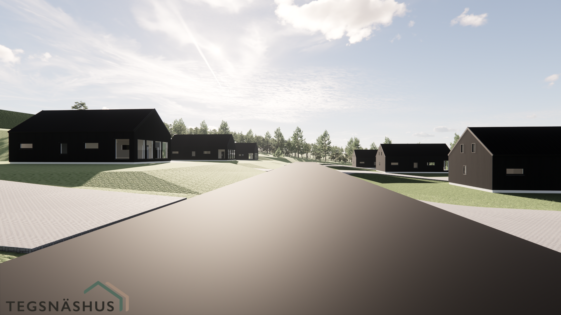 Visualisering av mörka hus längs en gata i tomtområdet i Boviken