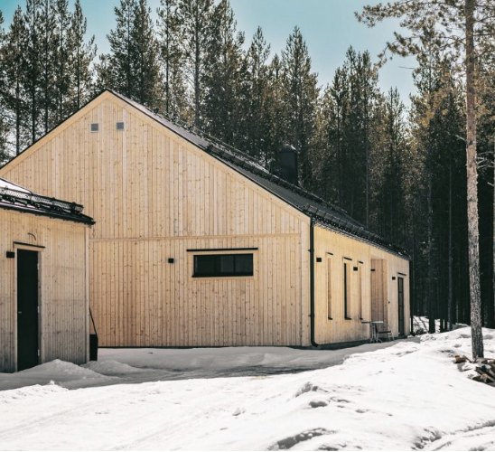 Ljust trähus med stående träpanel i snöig barrskog